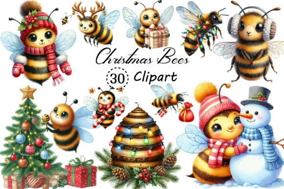 Cute Cartoon Christmas Bees Clipart