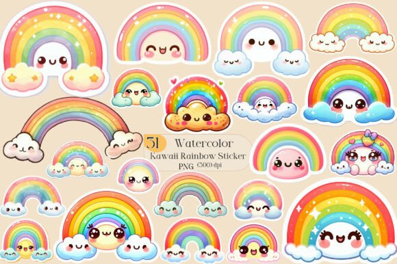 Kawaii Rainbow Stickers PNG: Playful, Versatile & Ready for Your Creative Projects
