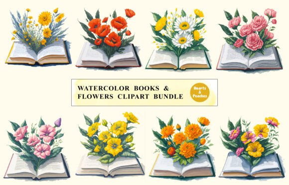 Watercolor Book Flowers Clipart Bundle