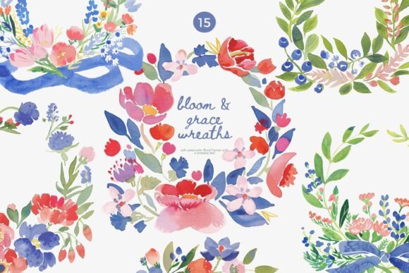Watercolor Floral Wreaths Clipart Set